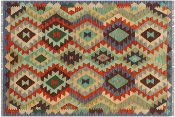 Flat Weave Kilim, Antique, Navaho, Vintage, Handmade, Geometric Kilim Rust Blue Hand-Woven Rectangle 100% Wool Area Rug 3 x 5